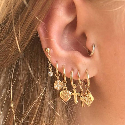 2025 Flatfoosie New Tiny Hoop Earrings For Women Gold Color Cartilage Hoop Earrings Jewelry Heart Cross Star Triangle Charm Earrings