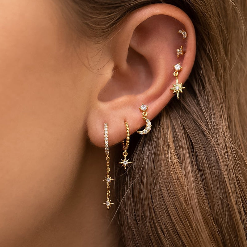 2025 New Design Stainless Steel Cubic Zirconia Chain Hoop Earring For Women Star Moon Pendant Cartilage Earring Piercing Jewelry